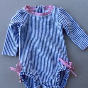 Ruffle Butts Blue and Pink Striped Baby Outfit